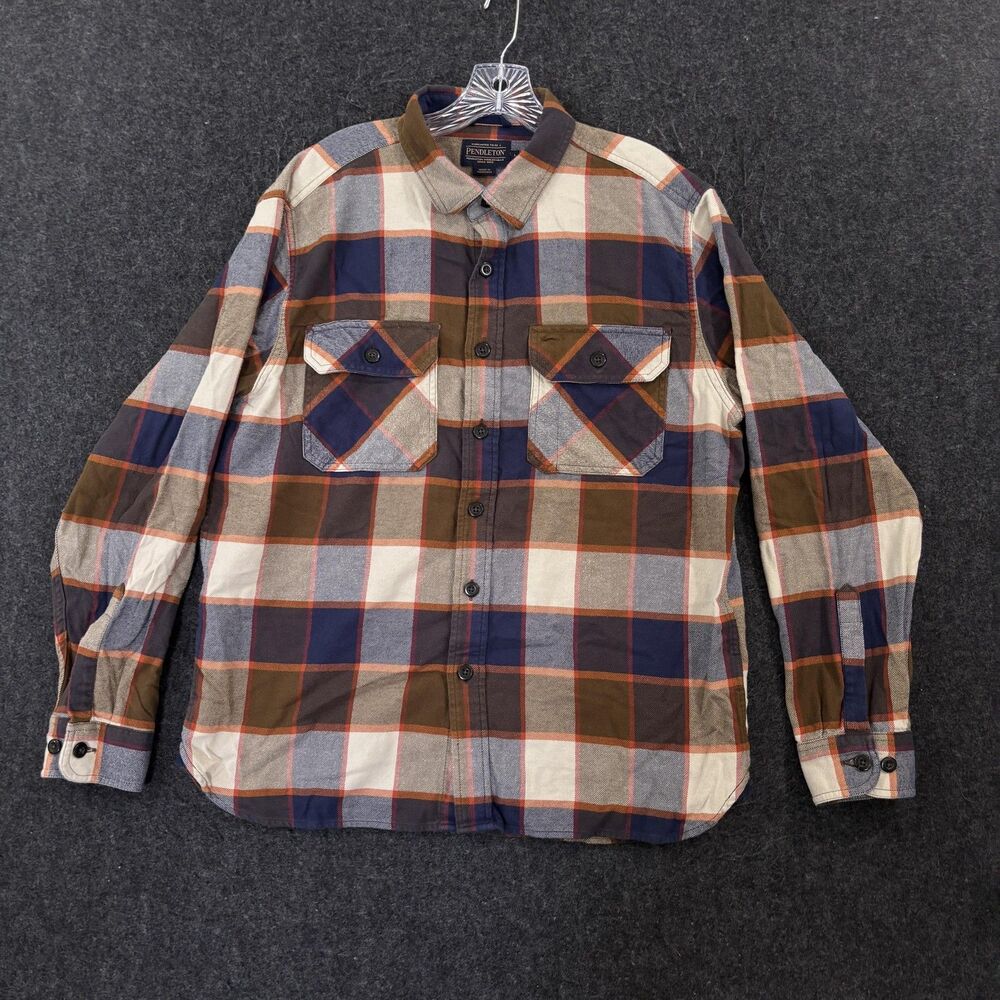 Pendleton Burnside Flannel Shirt Men's Large Blue Brown Plaid Cotton Pockets